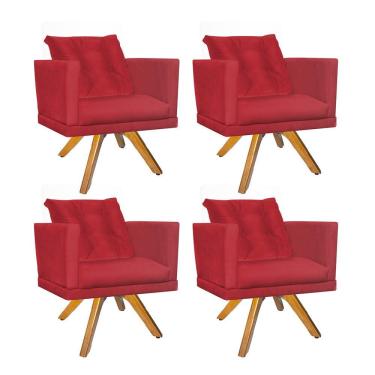 Imagem de Kit 04 Poltrona Cadeira Kim Luxo Confort Giratória Castanho Com Almofada Solta Suede Vermelho