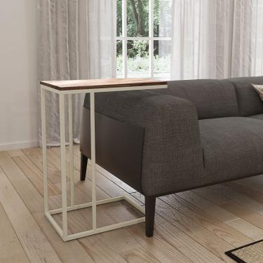 Imagem de Mesa Lateral Industrial Elena Tampo Amendoa Base Ferro Off White - Cor: Branco