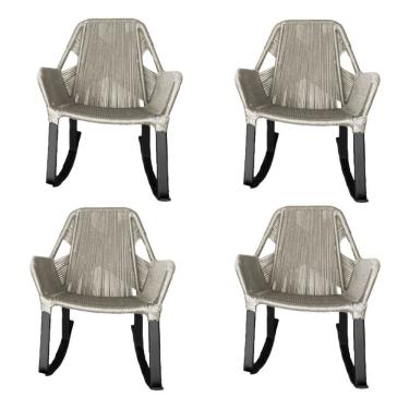 Imagem de Kit 4 Cadeiras De Balanço Athenas Corda Náutica Base Em Alumínio Preto-areia - Cor: Bege