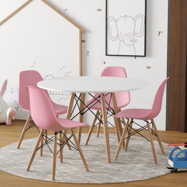 Imagem de Conjunto Madeira Tampo 68Cm Redondo Branco 4 Cadeiras Rosa