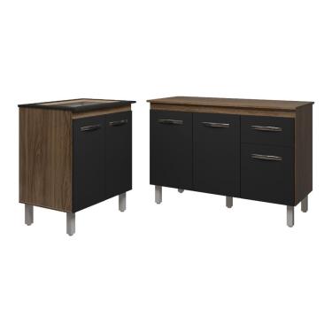 Imagem de Balcão Para Cooktop 4 Bocas Fran E Armário Aline 118 Cm Cozinha Gabinete Preto Com Tampo Tampão