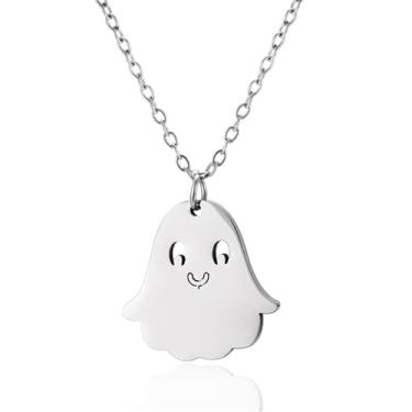 Imagem de coadipress Colar com pingente de fantasma de Halloween para mulheres e homens, adorável, dourado, prata, minúsculo, colar com pingente de fantasma, Halloween, férias, cosplay, fantasia, bijuteria