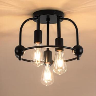 Imagem de fengkeDU Luminária De Teto Estilo Fazenda Com 3 Luzes, Iluminação Semi-Embutida Industrial Preta Para Cozinha, Corredor, Sala Estar, Quarto, Hall Entrada, Design Rústico Gaiola, Base E26, Instalação