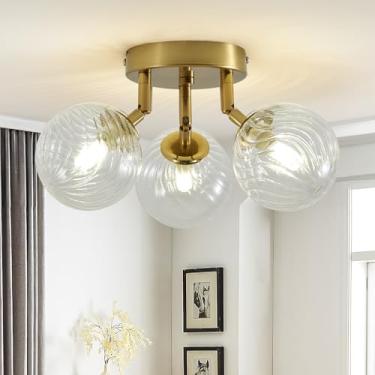 Imagem de NIUZDU Lustre De Vidro Espiralado Com Esferas Bolhas, Luminária Teto Semi-Embutida 3 Luzes Meados Do Século, Pendente Em Formato Globo Pequeno Soprado Dourado E Transparente Para Quarto, Banheiro, H