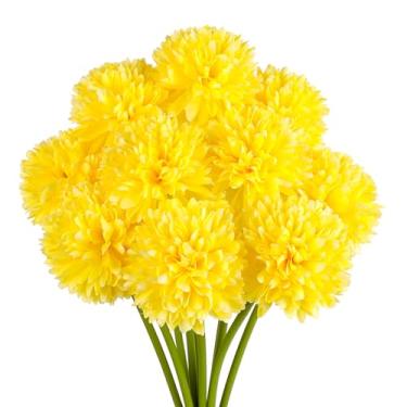 Imagem de Jim's Cabin Flores Artificiais 10 Peças, Crisântemo De Seda Falso, Bola Hortênsia, Buquê Casamento Para Cozinha, Decoração Casa (Amarelo)