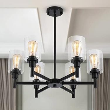 Imagem de LIGHTDAMY Lustre Preto, Estilo Fazenda Com 6 Luzes Para Sala De Jantar, Luminárias Sobre A Mesa, Iluminação Industrial Suspensa Cúpula Vidro Transparente, Estar, Cozinha, Ilha, Banheiro, Entrada, Qu