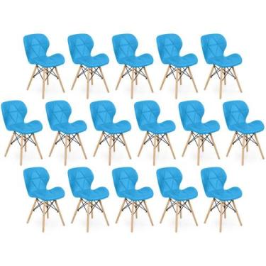 Imagem de Kit 16 Cadeiras de Jantar Charles Eames Slim Wood Estofada - Azul - Ma