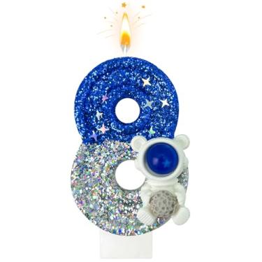 Imagem de HXOUSE Vela astronauta de primeiro aniversário – Espacial Universe Sparkler 1 vela para bolo de aniversário menino, topo para decorações de festa, comemorações de aniversário (número 8)