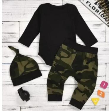 Imagem de Conjunto Bebe Camuflado Bodye Touca Calça - KADU MODAS, Preto, M