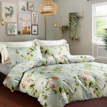 Imagem de mixinni Jogo de cama de casal com estampa floral, microfibra macia e fofa, pássaros, flores fofas, para todas as estações, 1 edredom de cores vibrantes e 2 fronhas, tamanho casal
