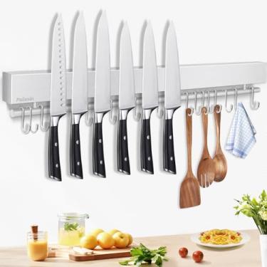 Imagem de Pailexin Suporte de faca magnético de 58 cm com 15 ganchos, tira magnética sem faca de perfuração e cabide de utensílios para parede, suporte de ímã de faca poderoso inclui fita e parafusos