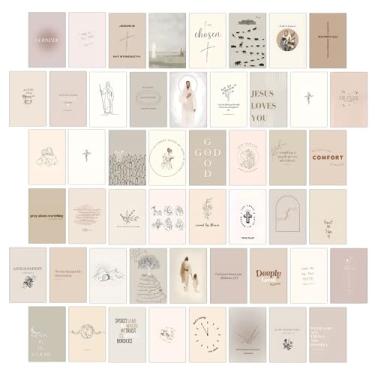 Imagem de Kit de colagem de parede cristã, impressões de arte de parede estética neutra e pôsteres, 50 peças de decoração de quarto de versículo bíblico de 10 x 15 cm, decoração de parede cristã para quarto