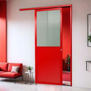 Imagem de Porta De Correr Suspensa 210x100cm Meia Lambril Meia Vidro Dir L.25 Vermelho