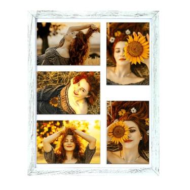 Imagem de Hanstre Molduras para decoração de parede, colagem de madeira branca com 5 aberturas para fotos 12,7 x 17,8 cm, molduras vintage para colagens de fotos, várias molduras para pendurar na parede