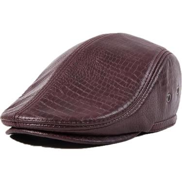 Imagem de Chapéu De Couro Para Homens, Boné De Couro, Chapéu De Jornaleiro Com Abas De Orelha, Chapéu De Couro De Crocodilo, Boné Plano, Quente, Proteção Para Os Ouvidos, Brown, XXL