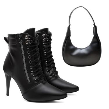 Imagem de Kit Bota Feminina Salto Alto Anna Andrade Bico Fino Cano Médio Zíper Amarrar Tendência e Bolsa Preto  feminino