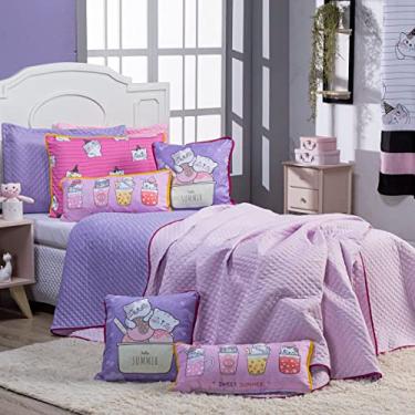 Imagem de Kit Cobre Leito Colcha QUEEN 07 Peças Gatinhos Rosa/Lilás Dupla Face com Almofadas Estampadas - Jogo Conjunto Roupa de Cama Decoração Infantil Juvenil Menina