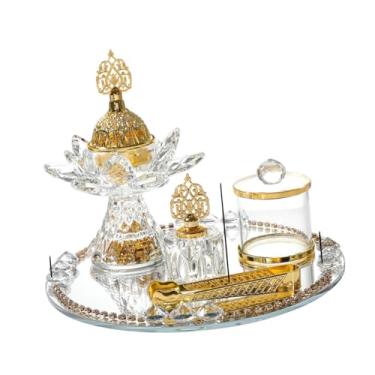 Imagem de Generic Conjunto de 5 peças de queimador de incenso de vidro, decoração de Ramadã com bandeja de armazenamento, pote de armazenamento e pegador de incenso árabe, atraente conjunto de queimadores de