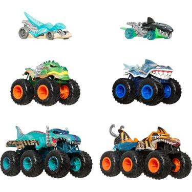 Imagem de Hot Wheels Monster Trucks Veículo de Brinquedo Tubarões vs. Dinossauros Pacote de Carros para crianças a partir de 3 anos
