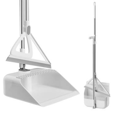 Imagem de Vassoura doméstica com pá de lixo, vassoura mágica de silicone, vassoura mágica com alça de alumínio ajustável extralonga para piso, vidro e azulejo (branco M1)
