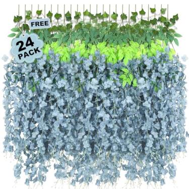 Imagem de LELEE 25 peças de flores artificiais para pendurar glicínias 1,1 m azul empoeirado flores falsas para pendurar guirlanda flores de seda corda de ratã videira falsa para parede casa festa de casamento