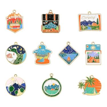 Imagem de UR URLIFEHALL 20 peças, 10 estilos, pingentes de acampamento esmaltados, tema de viagem, para câmera, montanha, sol, pingentes para fazer você mesmo, pulseira, colar, chaveiros, joias