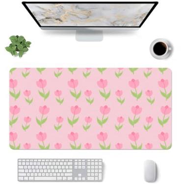 Imagem de Kawaii Tulipa Rosa Protetor de Mesa Pequeno, Tapete de Mouse Pad Extensível para Jogos, Couro Rosa Macio Antiderrapante para Escritório/Casa/Estudo
