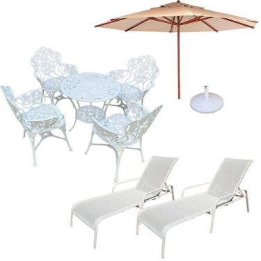 Imagem de Kit com Mesa, 4 Cadeiras Alumínio Fundido, Guarda Sol e 2 Espreguiçade
