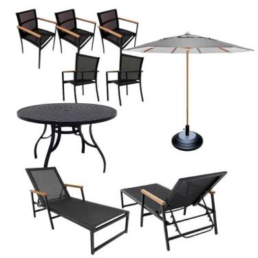 Imagem de Kit Amélia Mesa Ripada 1,20m + 5 Poltronas + 2 Espreguiçadeiras Piscin