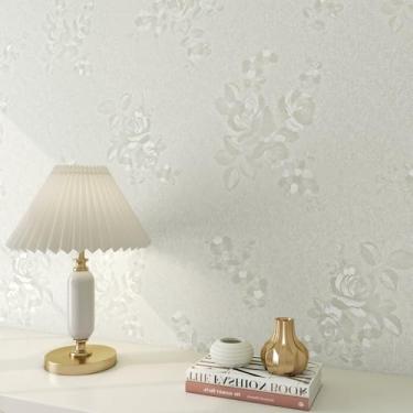 Imagem de ReWallpaper Papel de parede floral bege de 60 cm × 16,5 m, descasque e cole o papel de contato floral vintage, papel de parede floral texturizado removível para quarto de meninas, rolo de vinil