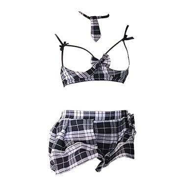 Imagem de SINMIUANIME Roupas femininas sexy de colegial, xadrez, saia plissada, cosplay, lingerie, colegial, uniforme JK (6912Preto)