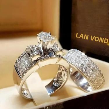 Imagem de Conjunto De Anéis De Casamento De Prata Com Zircônia De Cristal Elegan