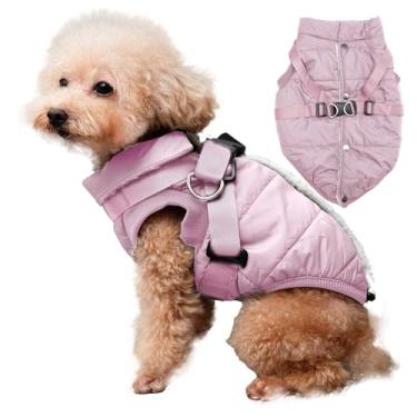Imagem de JoyDaog Jaqueta para cachorro com arnês, casaco quente forrado com lã para o inverno, colete macio à prova de vento para cães pequenos, rosa claro M