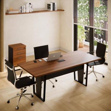 Imagem de Conjunto Escritório Office Mesa Reunião e Gaveteiro 3 Gavetas com Chave Cor Marrom/Preto - Yaris