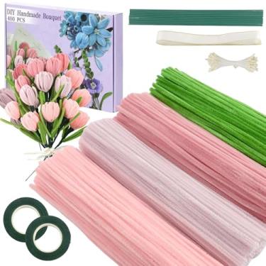 Imagem de 400 limpadores de cachimbo artesanais, 4 limpadores de cachimbo de cores sortidas, hastes de chenille para kit de fabricação de flores DIY com fios florais, fita de jardinagem, estame e fita