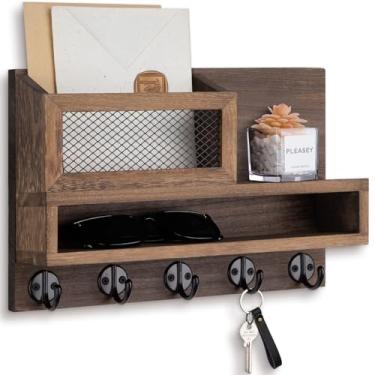 Imagem de Lucundm Porta-chaves para parede, organizador de correspondência, suporte de parede com compartimento de armazenamento e 5 ganchos de chave para casaco, coleira de cachorro, suporte de malha elegante