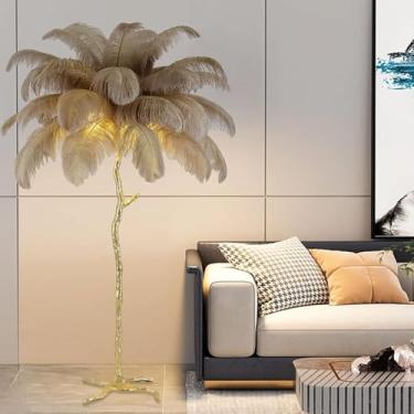 Imagem de Lâmpada De Pena De Avestruz Tural Lâmpada De Chão De Penas De Avestruz 3 Cores Regulável Acabamento Dourado Lâmpada De Pé Moderna De Poste Alto Com Interruptor De Pé
