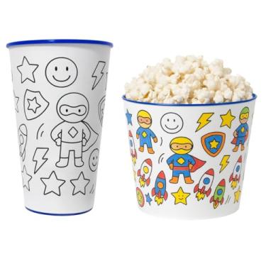 Imagem de Copo Infantil e Balde de Pipoca p/Colorir Desenho Kit Cinema em Casa (Menino herói)