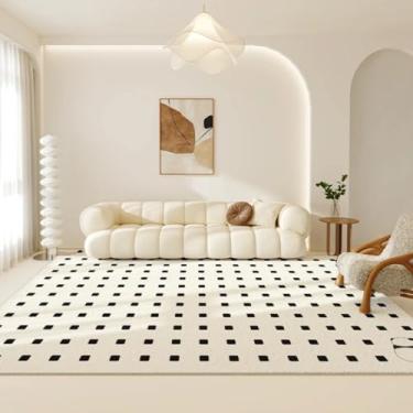 Imagem de Tapete decorativo xadrez para sala de estar, estilo creme, para quarto, macio, felpudo, minimalista, grosso (120x160cm/A)