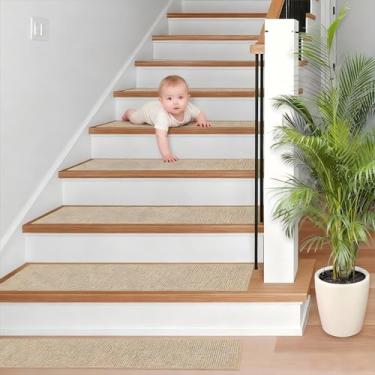 Imagem de Excoutsty Escadas antiderrapantes, passadeira de escada para degraus de madeira, tapete de escada livre de resíduos para crianças e cães internos 20 x 76 cm (bege, 15 peças)