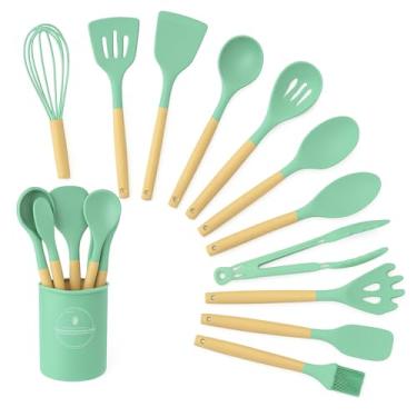 Imagem de Kit 12 Utensílios de Cozinha Silicone com Cabo de Madeira (Verde Menta)