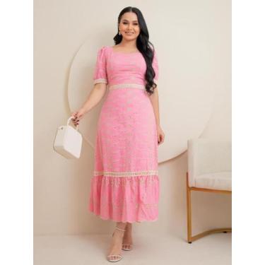 Imagem de Vestido Midi Elegante Social Lese Algodão para Festa Decote Quadrado -