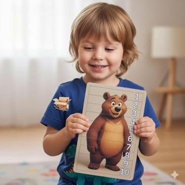 Imagem de Brinquedo Pedagógico Educativo Em Madeira Quebra Cabeça Infantil Animais + Números (Urso 1 A 10)