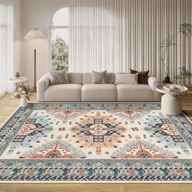 Imagem de Vhong Boho Tapetes de área laváveis vintage neutro moderno azul e laranja 20 x 25 antiderrapante tapete grande para sala de estar, sala de jantar, quarto, casa de fazenda