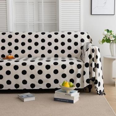Imagem de Erbnaryx Capas de sofá preto e branco borlas de bolinhas design lavável para sofá seccional 2 almofadas sala de estar (180 x 259 cm)