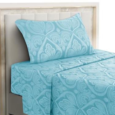Imagem de Hannah Linen Jogo de lençol solteiro Paisley, 3 peças de microfibra macia sem vincos - Lençóis luxuosos estampados inclui lençol de cima, lençol com elástico com bolsos profundos e fronha - azul