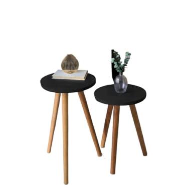 Imagem de Mesa Lateral Redonda - Conjunto em Madeira, Estilo Retro para Sala/Quarto(Preto)