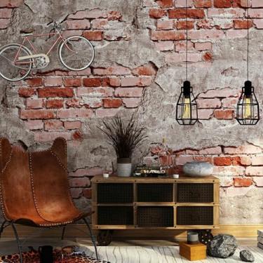 Imagem de ESSMOKO Papel de parede retrô tijolo padrão nostálgico cimento cinza estilo industrial PVC material impermeável papel de parede não autoadesivo vermelho cinábrio