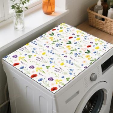Imagem de GLOBLELAND Tapete vintage colorido de flores silvestres para lavadora de roupas e secadora, tapete de cobertura contra poeira de 59,9 x 50 cm colorido floral para máquina de lavar roupa superior