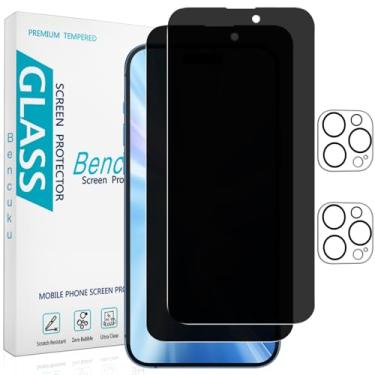 Imagem de Bencuku Pacote com 2 protetores de tela de privacidade para iPhone 15 Pro Max de 6,7 polegadas com 2 protetores de lente de câmera, película de vidro temperado privada antiespião, dureza 9H, sem